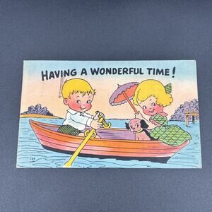 Early 1940's Postcard Boy & Girl Boating Used Postmark Kansas City MO
